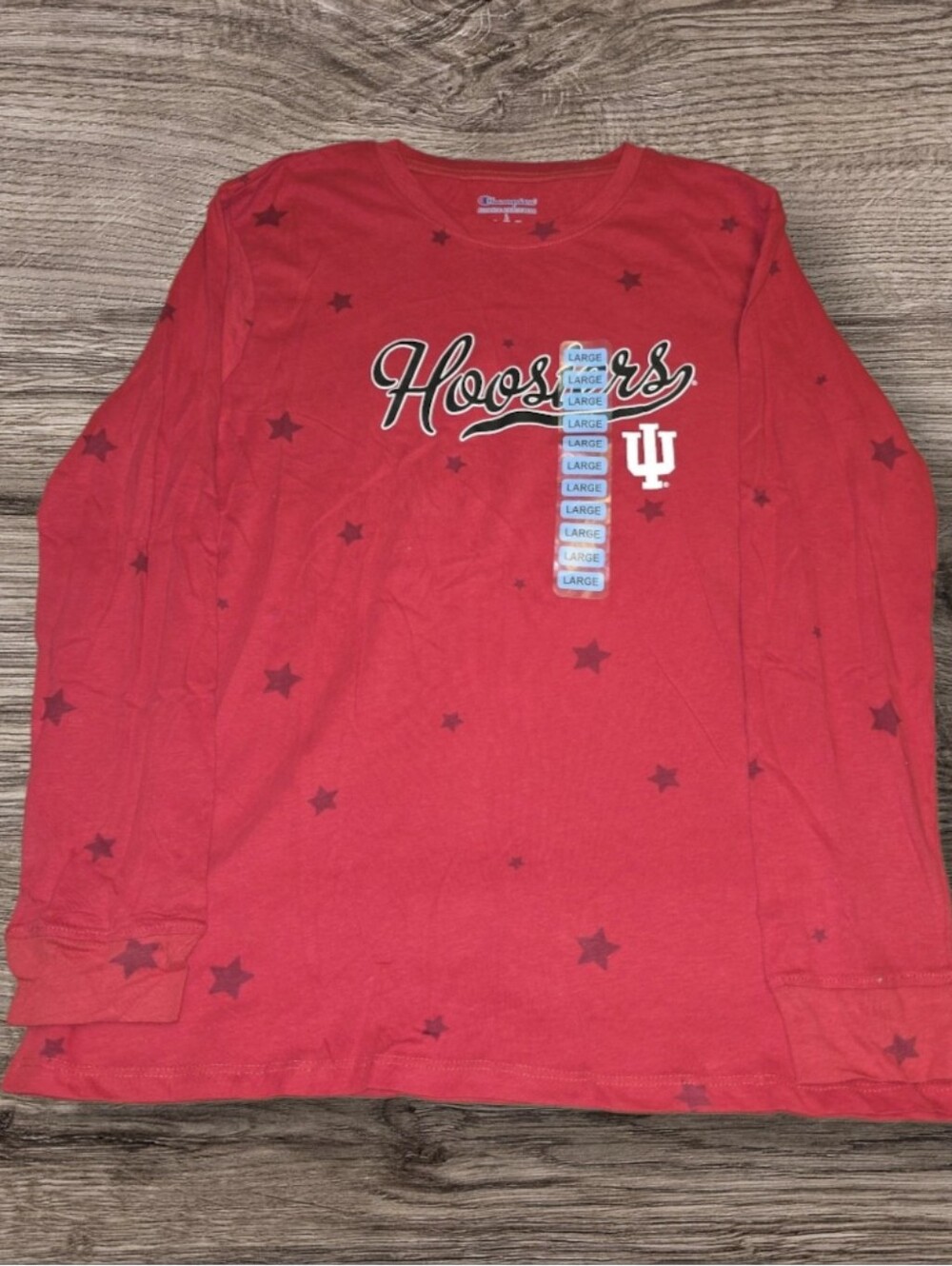 Champion Red "Hoosiers" Long-Sleeve Tee with Star Print